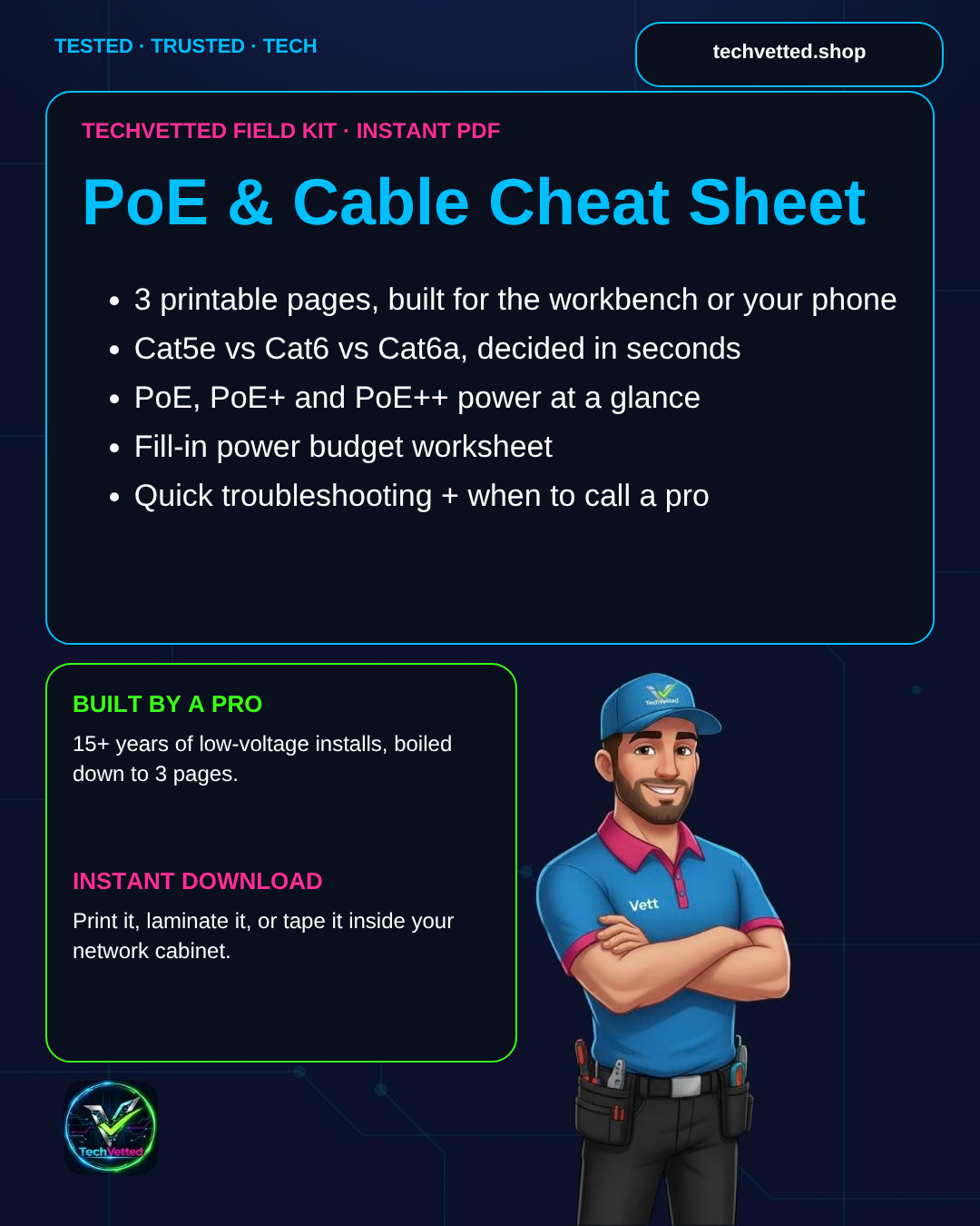 TechVetted PoE & Cable Cheat Sheet cover: 3 printable pages, instant PDF