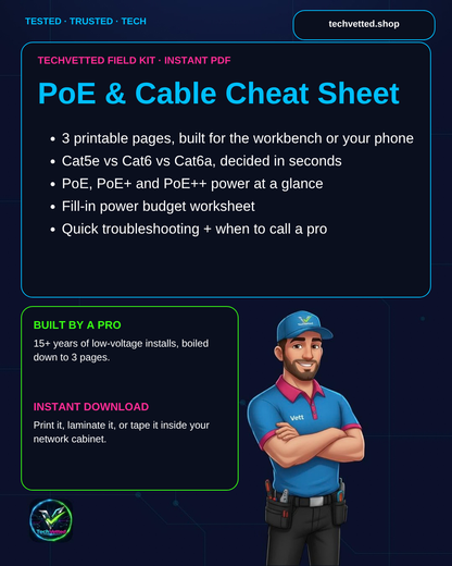 TechVetted PoE & Cable Cheat Sheet cover: 3 printable pages, instant PDF