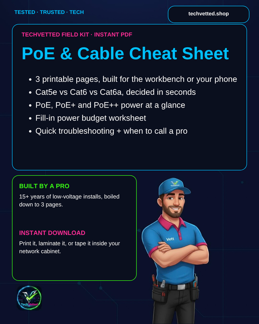 TechVetted PoE & Cable Cheat Sheet cover: 3 printable pages, instant PDF